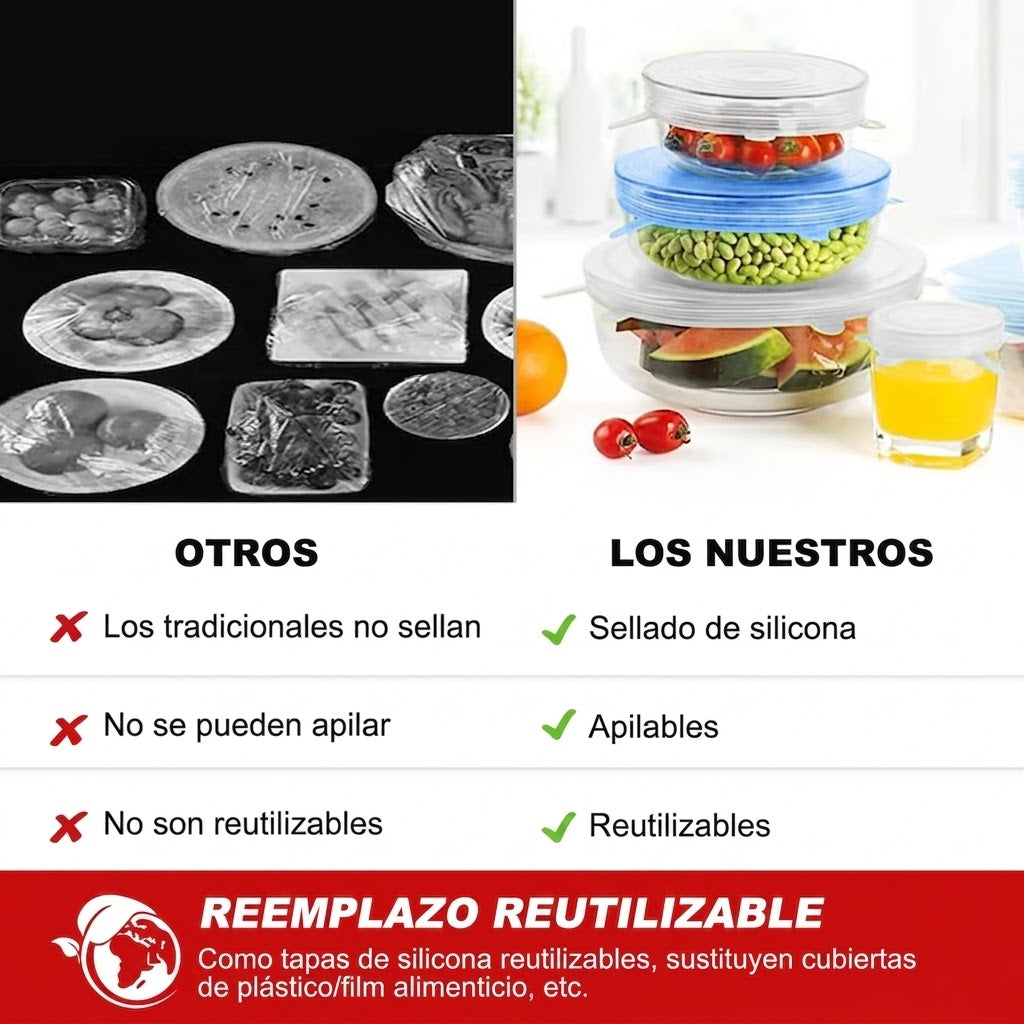 Pack x6 Tapas Selladora Ajustable | Conserva tus alimentos por más tiempo